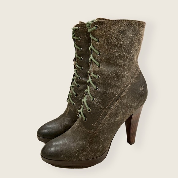 Frye Harlow Campus Lace Up Brown/Olive Green Suede Heeled Zip Up Ankle Booties - Picture 9 of 10
